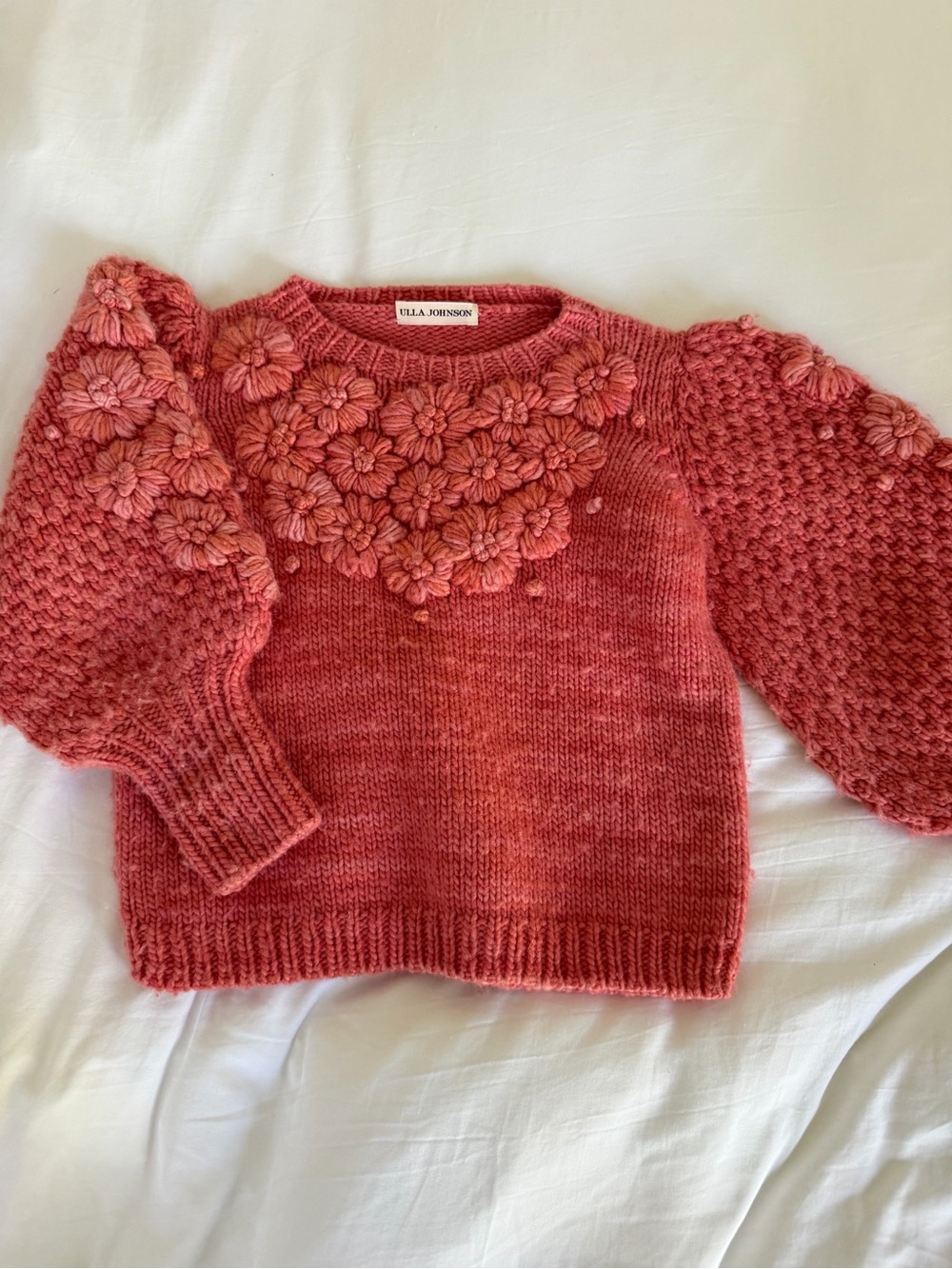 Ulla Johnson kids Coral Pink Floral Applique Knit Sweater